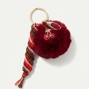 Burgundy Pom Pom Keychain with Cherry Charm
